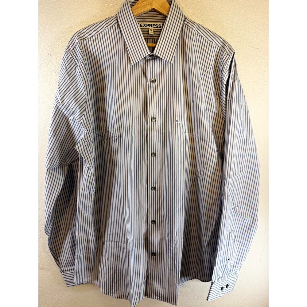 Express Men's XL 17 Blue/White Striped Extra-Slim Non-Iron Cotton Dress Shirt